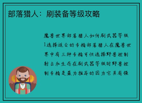 部落猎人：刷装备等级攻略